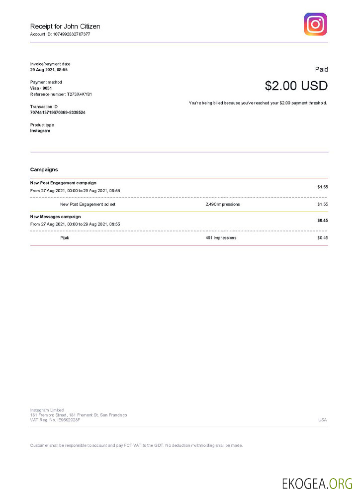 Modèle de facture Instagram aux États , Unis